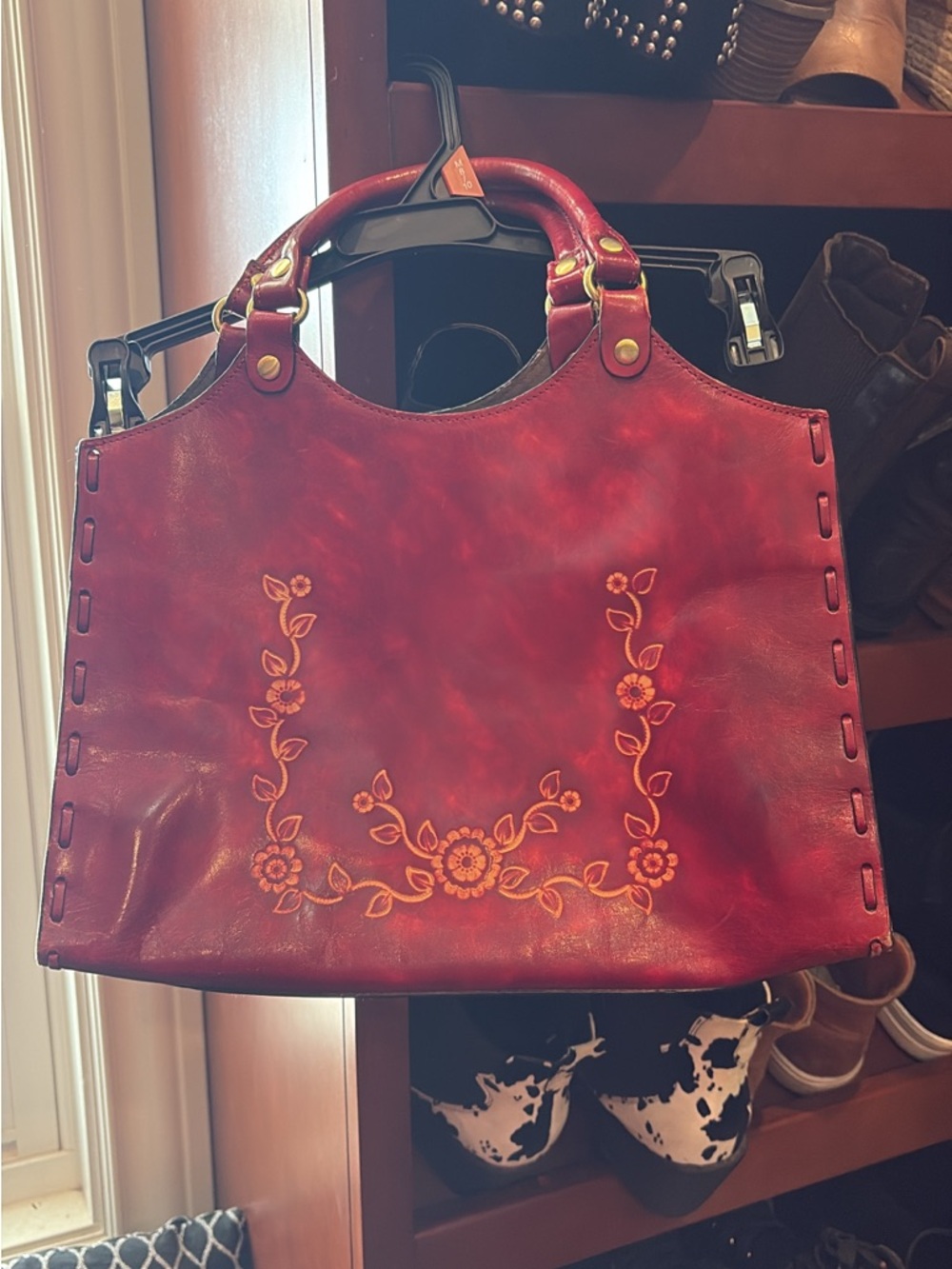 Preston & York Red Embossed Floral Leather Tote